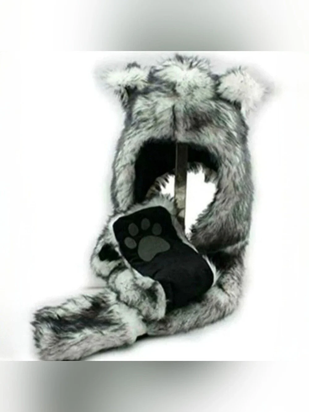 Amazon white winter wolf faux fur wolf ears paws as scarf mittens hat hood NWOT